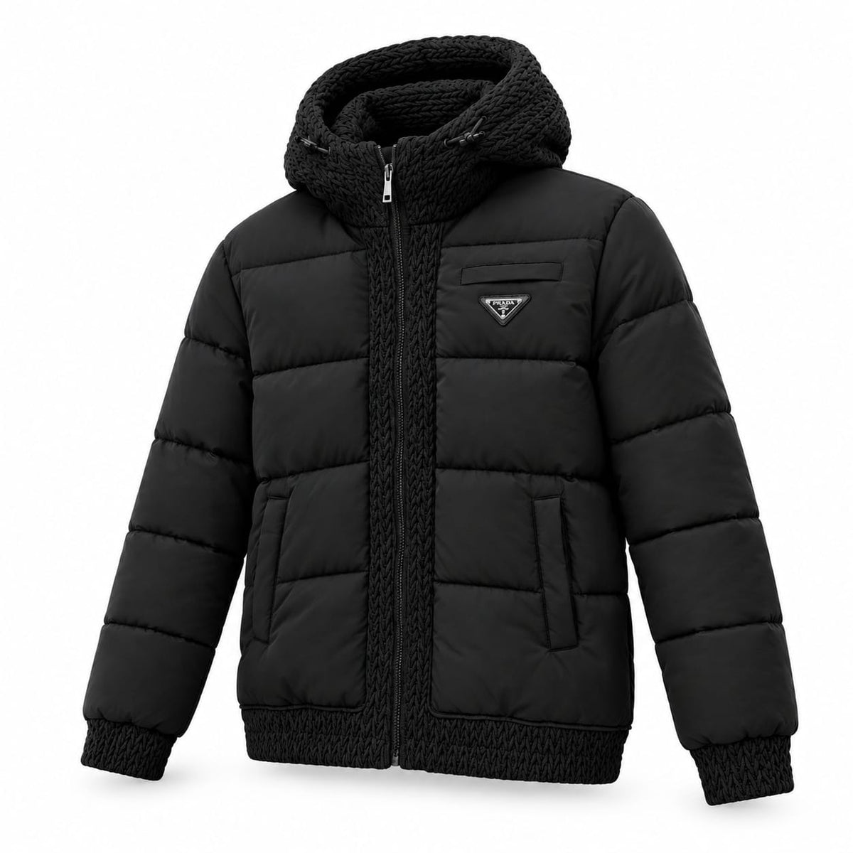 Premium Prada Knit-Trimmed Hooded Puffer Jacket