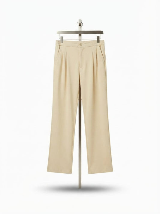 Beige Pleated Wide-Leg Trouser