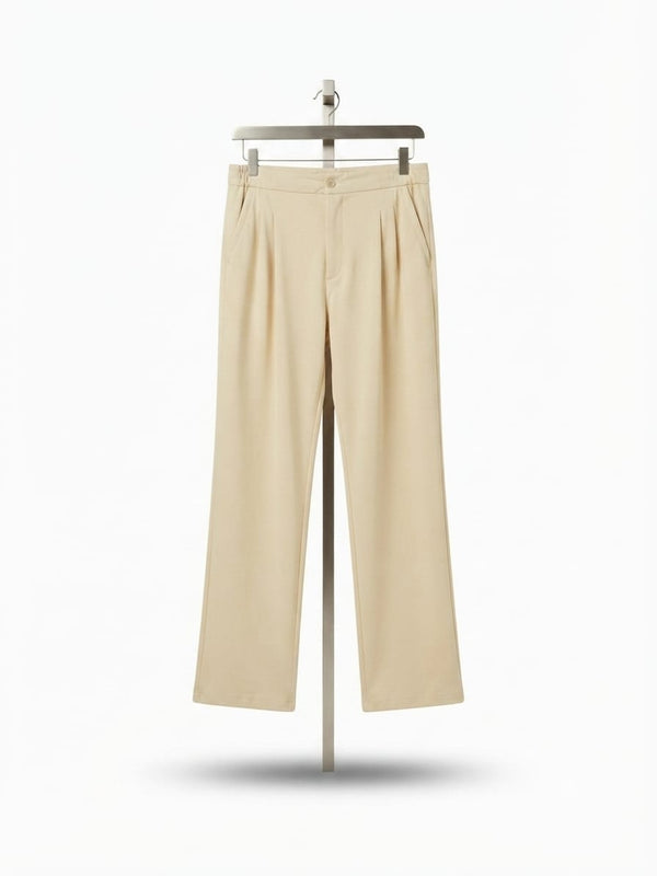 Beige Pleated Wide-Leg Trouser