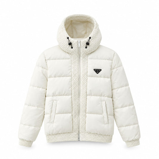 Premium Prada Knit-Trimmed Hooded Puffer Jacket