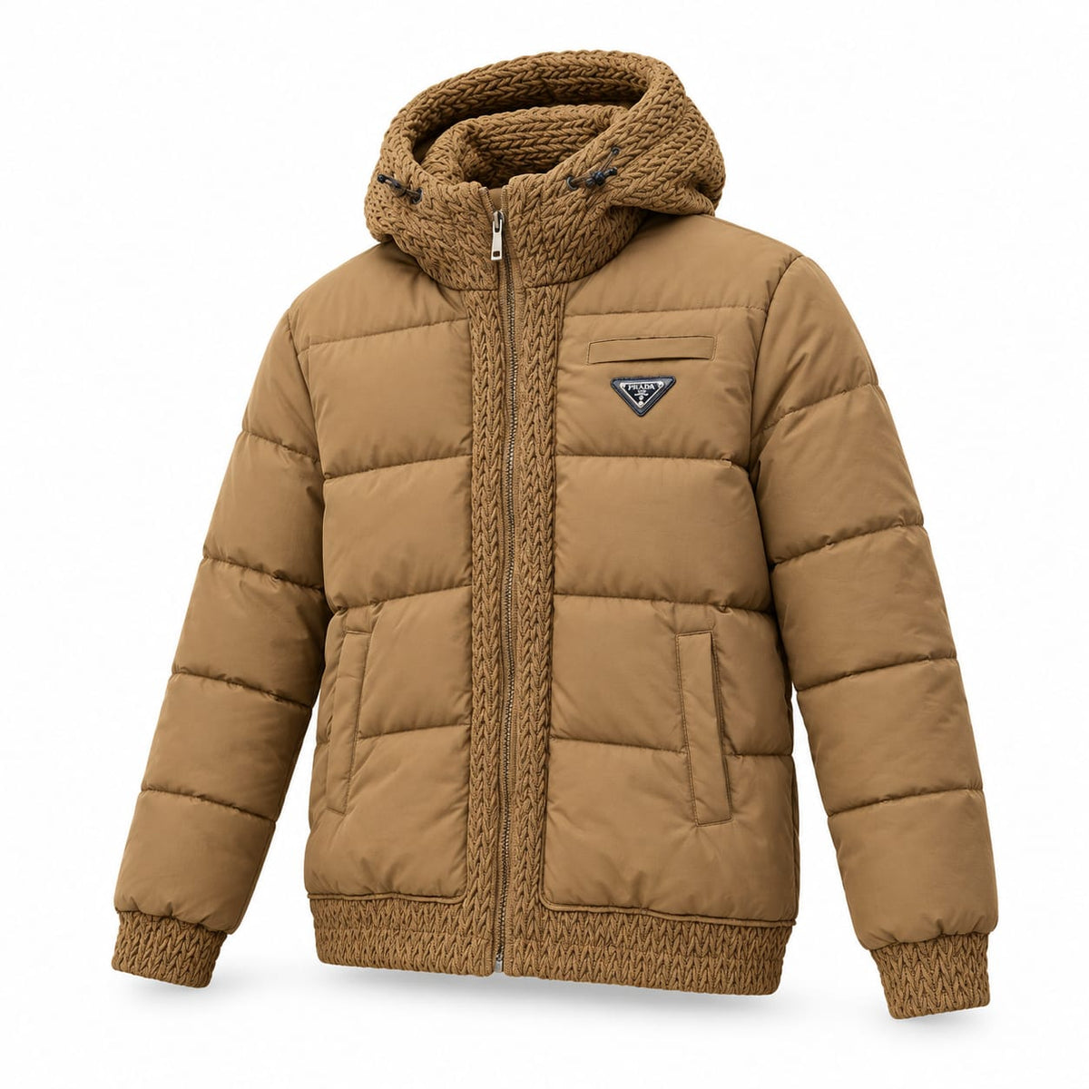Premium Prada Knit-Trimmed Hooded Puffer Jacket